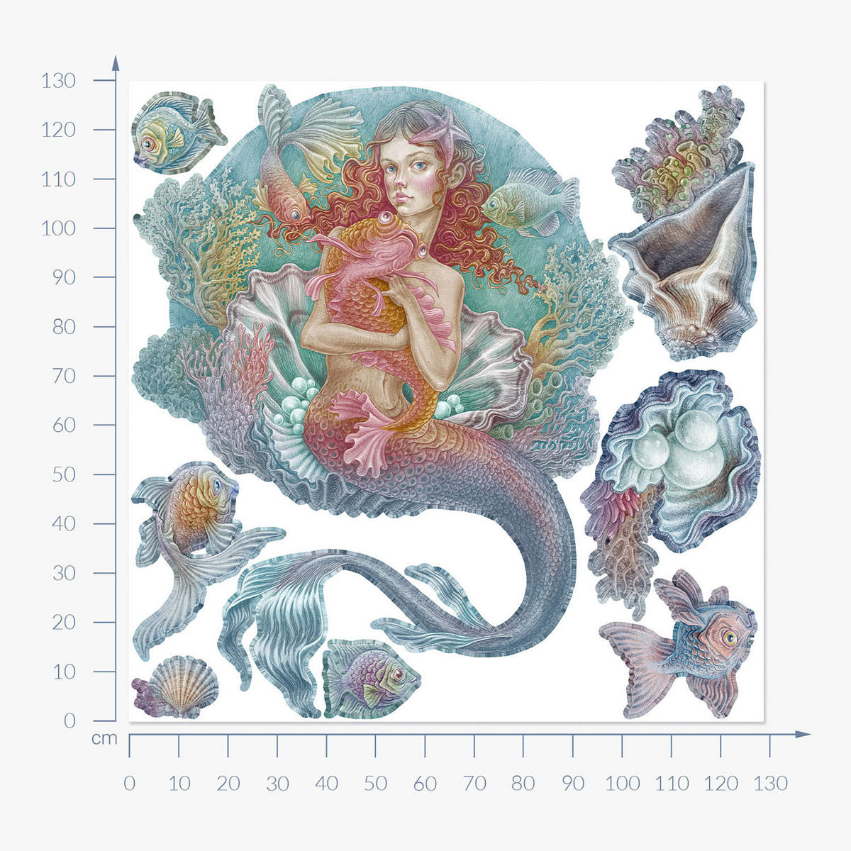 WANDAUFKLEBER 130x129cm - Meerjungfrauen-Zeichentrickwelt - Multicolor, Kunststoff (130/129/0.1cm) - Wallfluent