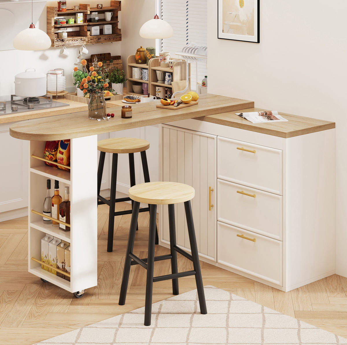 BARTISCH 128-203/39/90 cm mit 360°-Drehfunktion, 3 Schubladen und verstellbaren Regalböden, MDF/Metall, Weiß - Weiß, Holzwerkstoff (39/203/90cm) - Redom