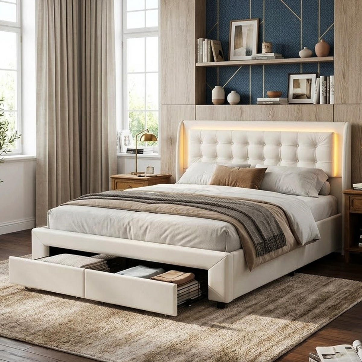 POLSTERBETT Chesterfield 160/200 cm mit Bettkasten & Schubladen Samtoptik Beige - Beige, Textil (160/200cm) - Creahappy