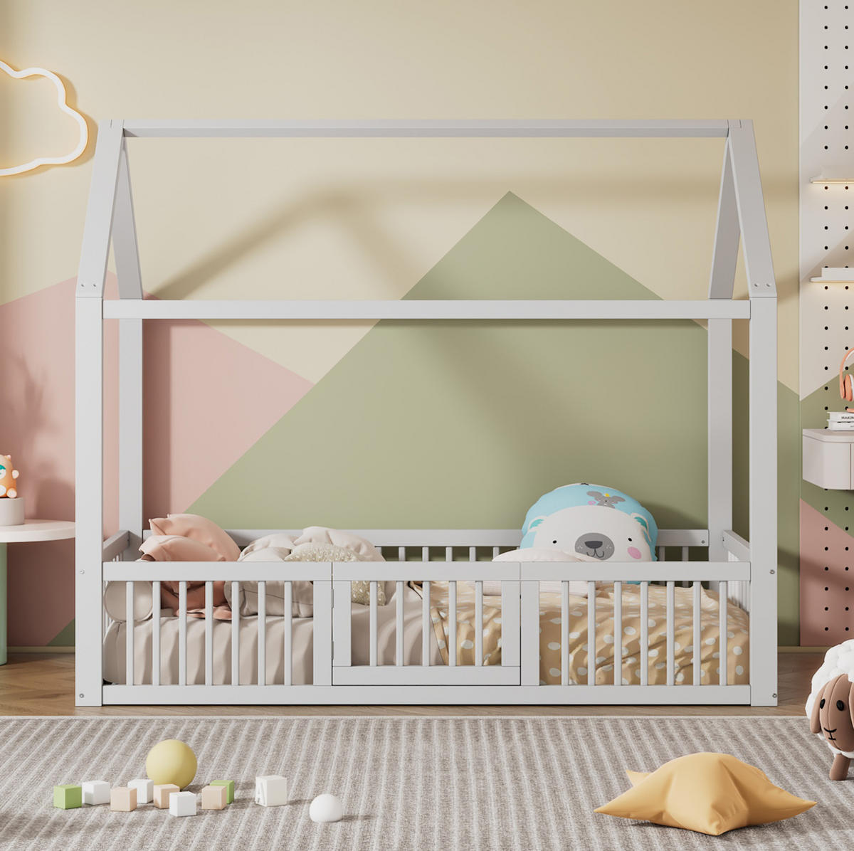 KINDERBETT 90/200 cm mit Sicherheitsgitter und Tür, aus Kiefern, Hausbett, Weiß - Weiß, Holzwerkstoff (90/200cm) - Redom