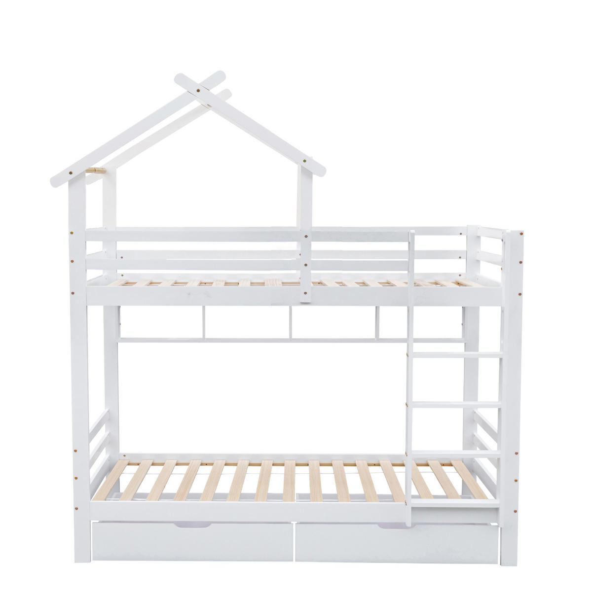 ETAGENBETT 90/200 cm mit Schubladen, Regalen, rechtwinkliger Leiter und Kiefernholzrahmen, Weiß - Weiß, Holzwerkstoff (90/200cm) - Redom