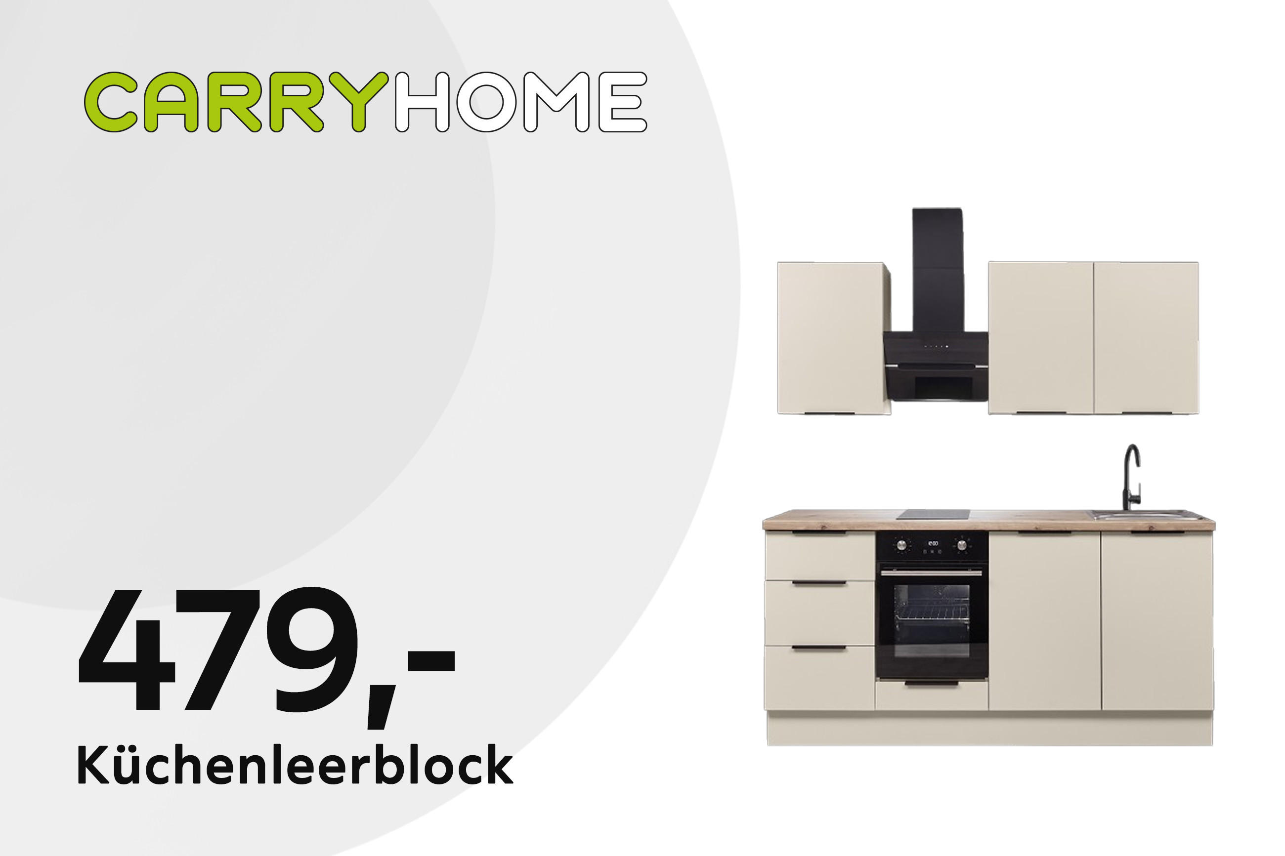 Produkt-Teaser CARRYHOME: Küchenleerblock für 479,-; abgebildet ist eine kompakte Küchenzeile in Hellbeige mit Holzarbeitsplatte sowie passenden Hängeschränken und Dunstabzug.
