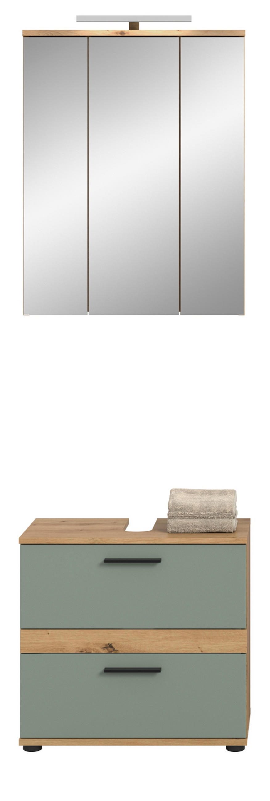 BADMÖBEL-SET Salbei grün, Eiche Artisan 60 cm 2-teilig, Badezimmereinrichtung inklusive LED Beleuchtung - Salbeigrün/Schwarz, Glas/Holzwerkstoff (60/191/34cm) - Inn.Furn