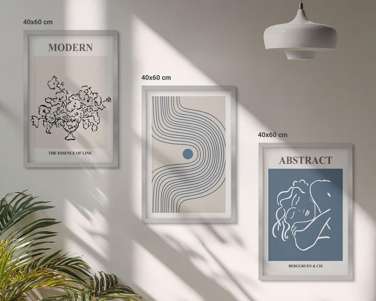 WANDBILDER 3er Set - 40x60 cm Silberner Rahmen - abstrakte Poster mit Blumenlinien - Silberfarben, Kunststoff (40/60cm) - ArtPrintCave