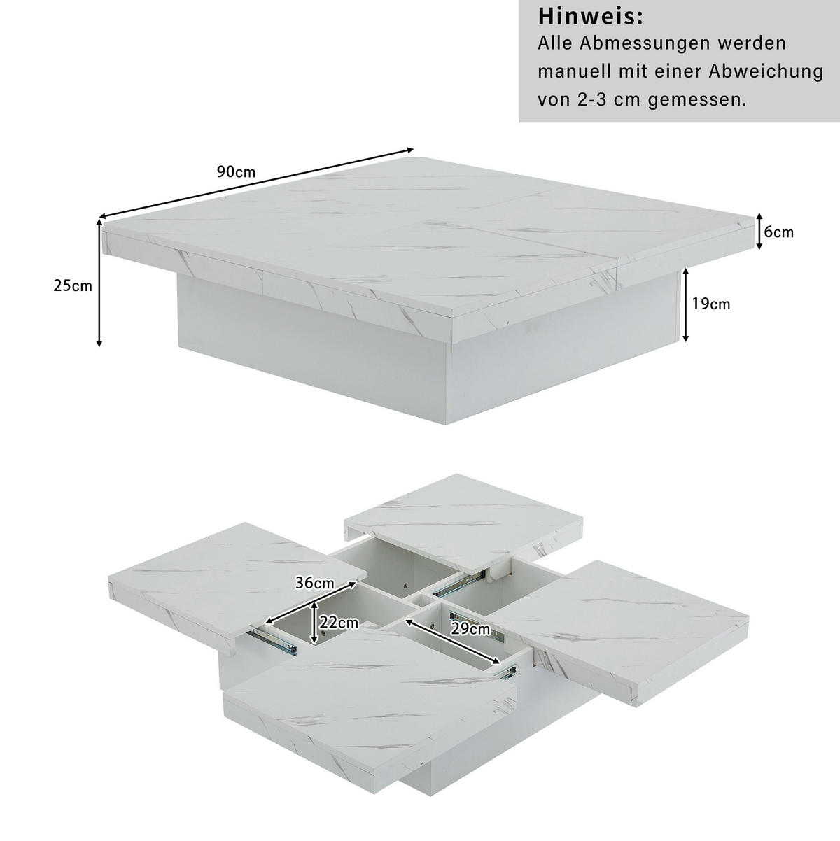 COUCHTISCH aus Spanplatte 90x90x25 cm Weiß mit 4 Schubladen, schiebbarer Tischplatte und Marmor-Optik - Weiß, Holzwerkstoff (90/90/25cm) - Modfu