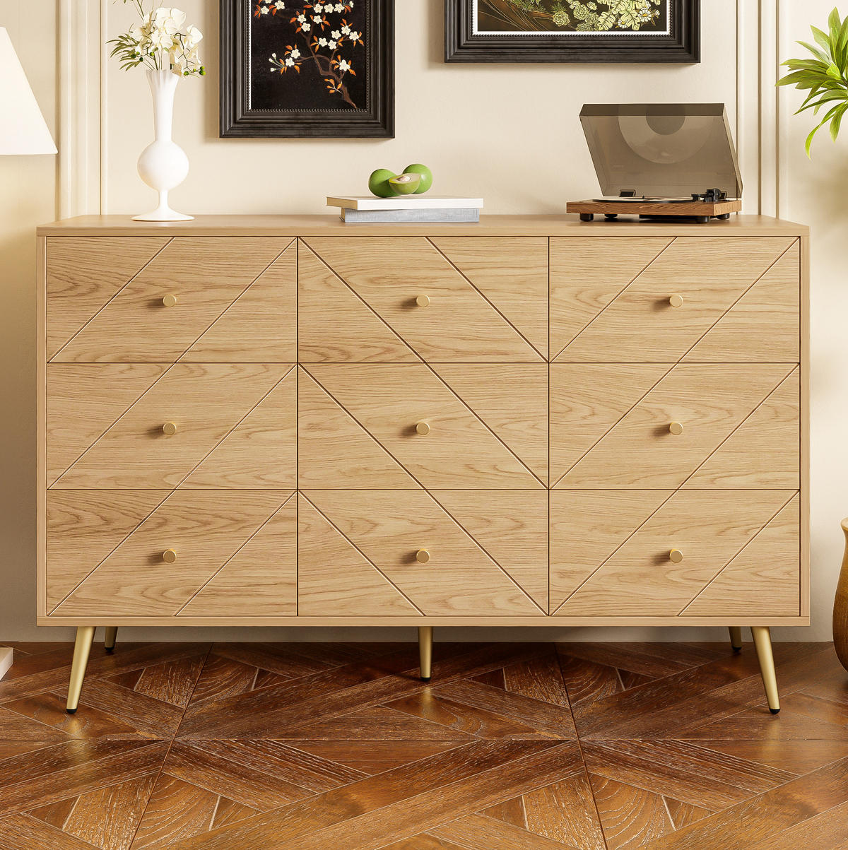 KOMMODE, 9 Schubladen, PB mit Eisenbeinen, geometrische Fronten, 120x39x80 cm, Natur - Naturfarben, Holzwerkstoff (39/80/120cm) - Modfu