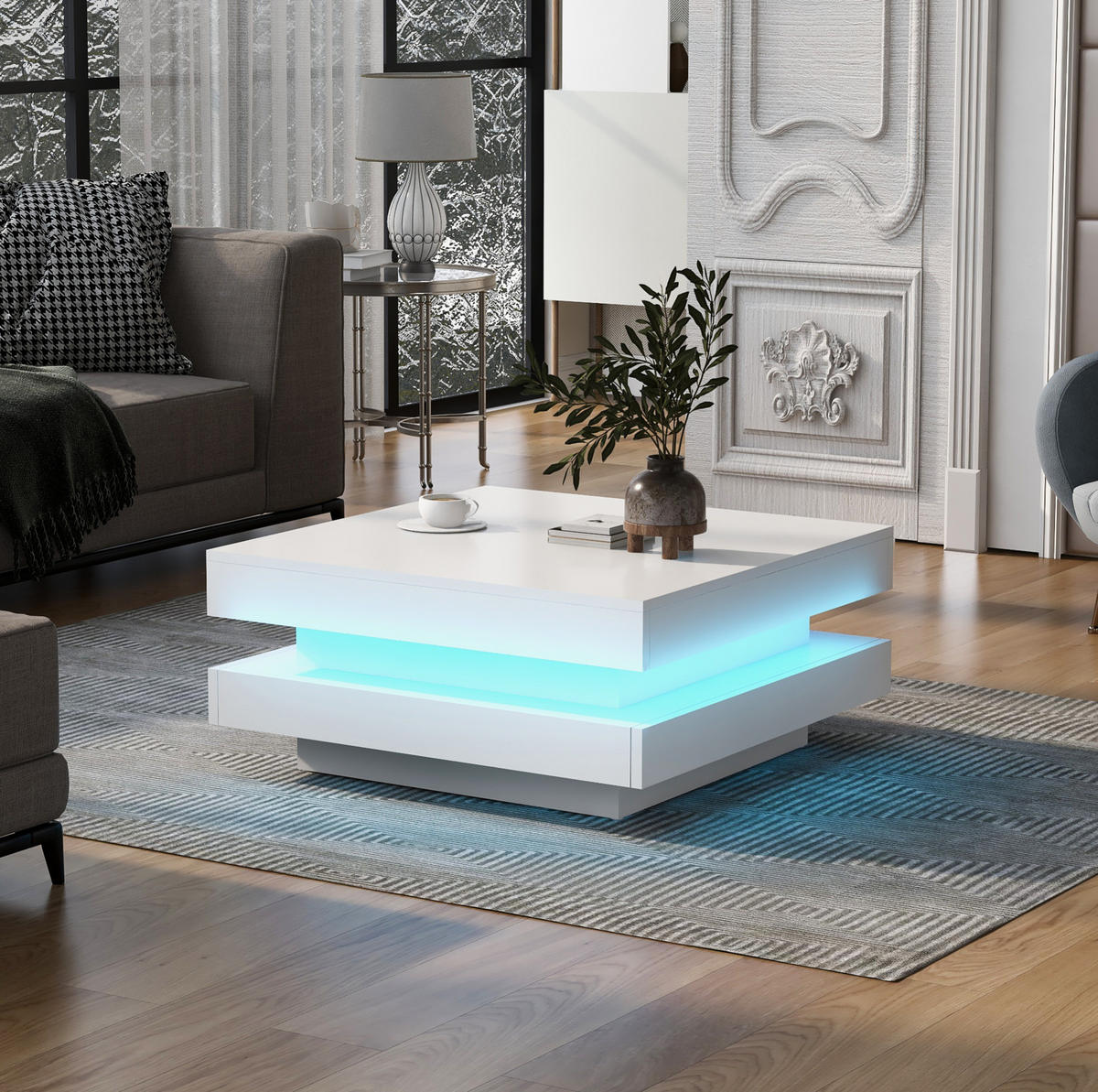 KONFERENČNÍ stolek 70/70/36 cm bílý z dřevotřísky s LED osvětlením Bluetooth - bílá, kompozitní dřevo (70/70/36cm) - OKWISH