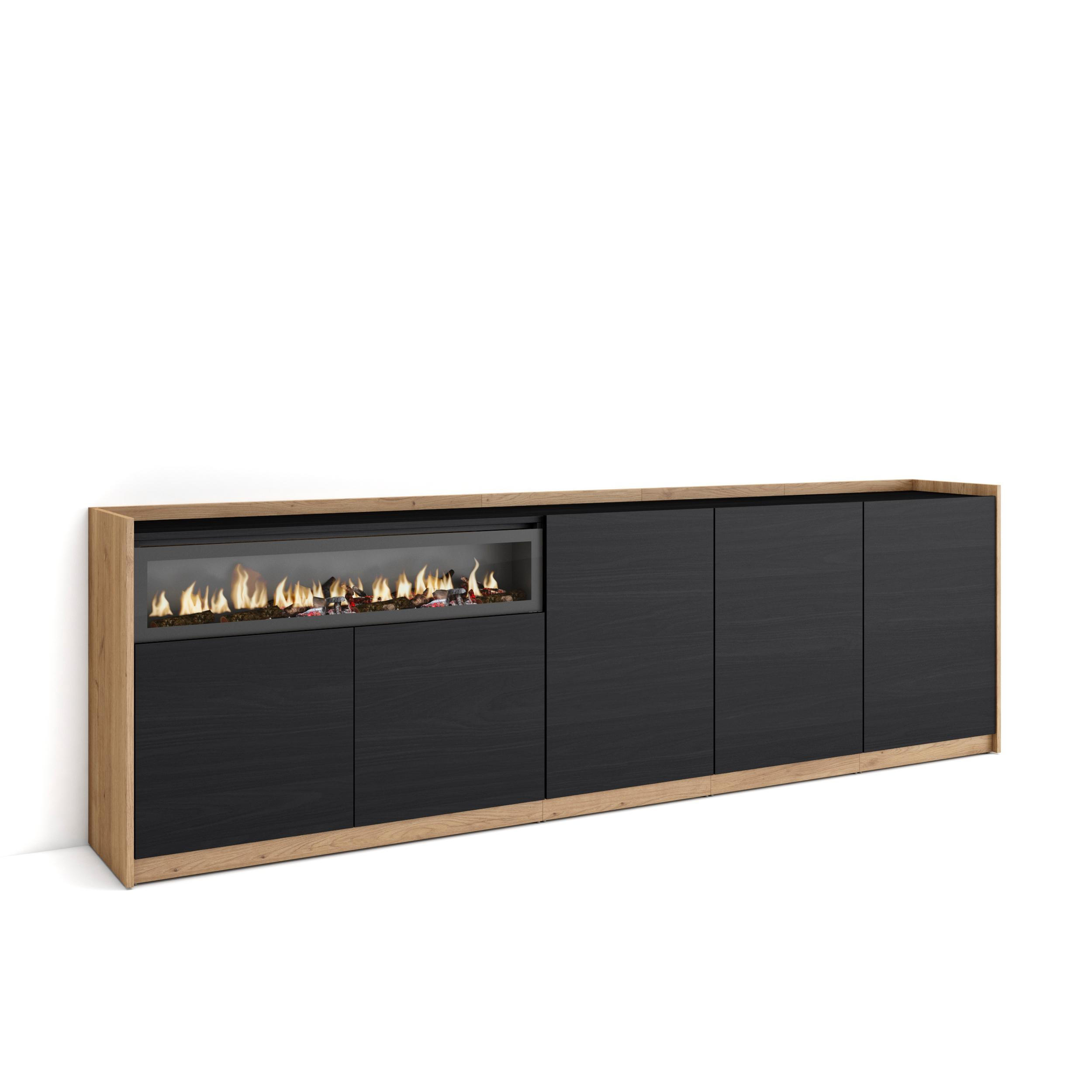 SIDEBOARD, Highboard, Schwarz Eiche, Elektrokamin, 260/37/80cm - Schwarz, Holzwerkstoff (260/80/37cm) - Skraut Home