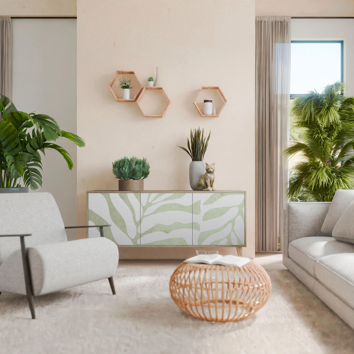 SIDEBOARD BOTANICAL SPARK, Eicheneffekt, 164,5x42x77,5 cm, 3 Türen - Eichefarben/Buchefarben, Holzwerkstoff/Buchenholz (164.5/77.5/42cm) - SpaceRebels