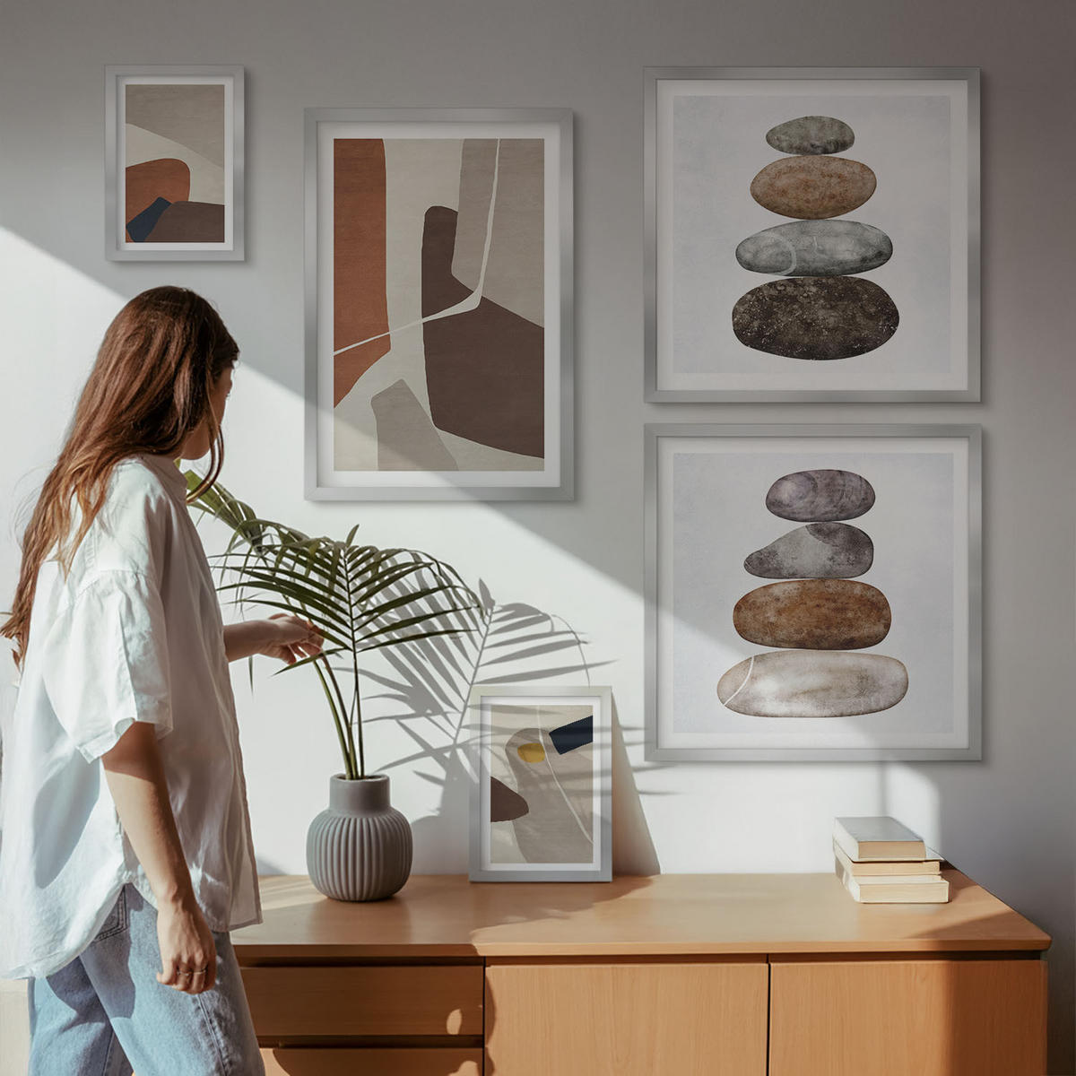 WANDBILDER 5er Set - 50x50 cm & 20x30 cm & 40x60 cm Silberner Rahmen - Abstrakte Boho-Formen - Silberfarben, Kunststoff (40/60cm) - ArtPrintCave