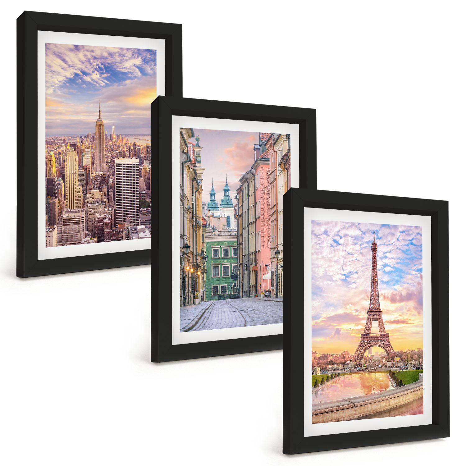BILDER SET 3er Set - 20x30 cm Schwarzer Rahmen - Städte New York Paris Dämmerung - Schwarz, Kunststoff (20/30cm) - TULUP