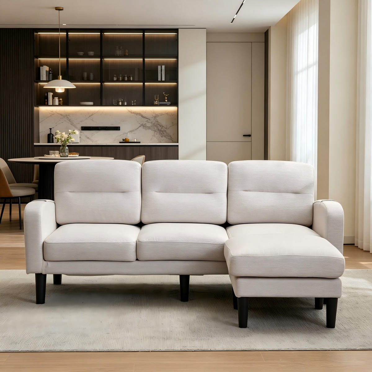 ECKSOFA mit Chaiselongue und Seitentasche für flexible Nutzung - Beige, Textil (204/136cm) - EVRYAE