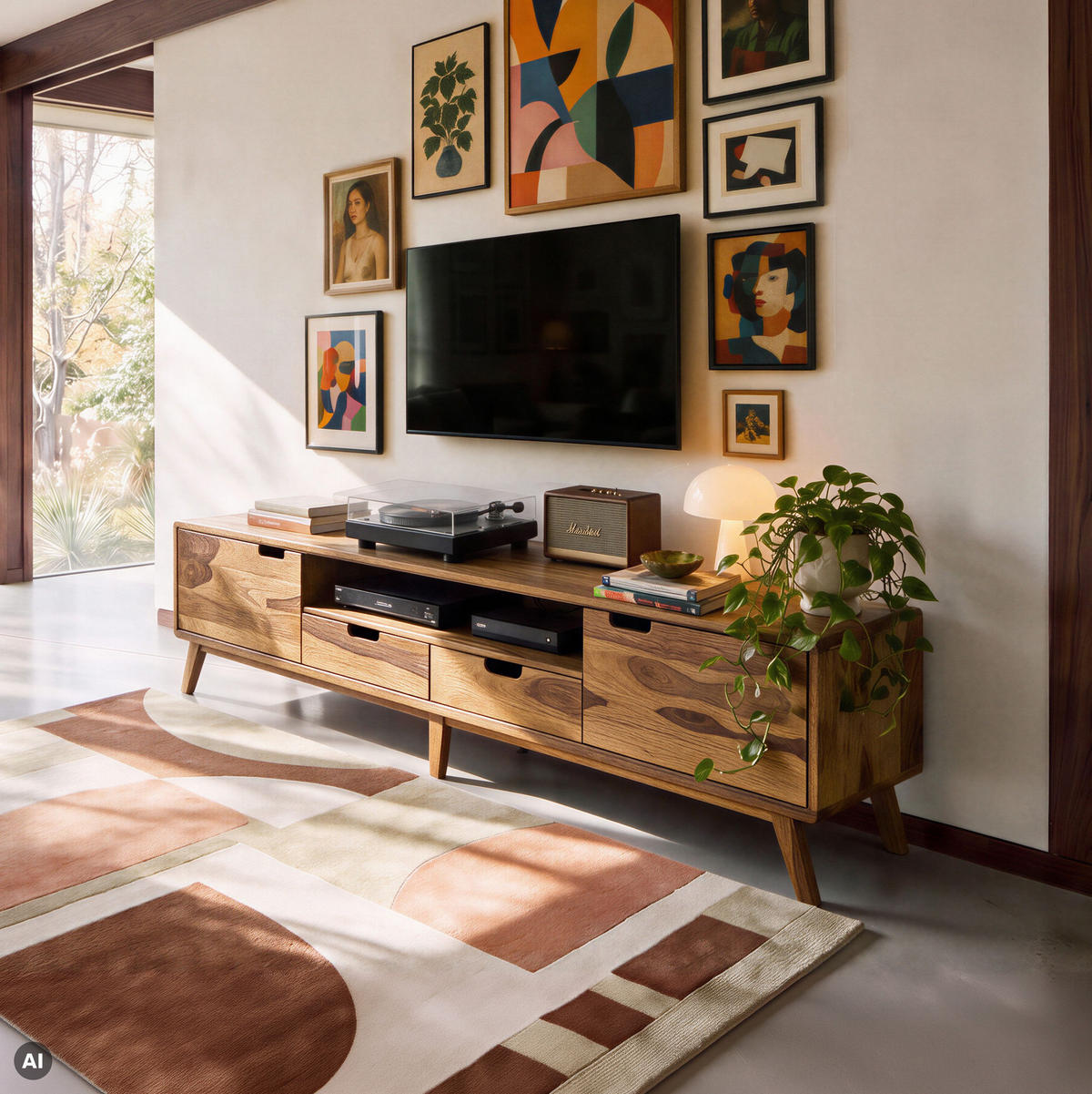 TV-BOARD Sheesham 220x40x48 natur sandgestrahlt lackiert MALMÖ 2 #223 - Naturfarben, Holz (40/48/220cm) - Massivmoebel24