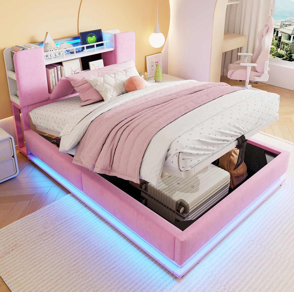POLSTERBETT mit LED-Beleuchtung 90/200 cm mit Bettkasten und gepolstertem Kopfteil - Rosa, Textil (90/200cm) - BEAOK