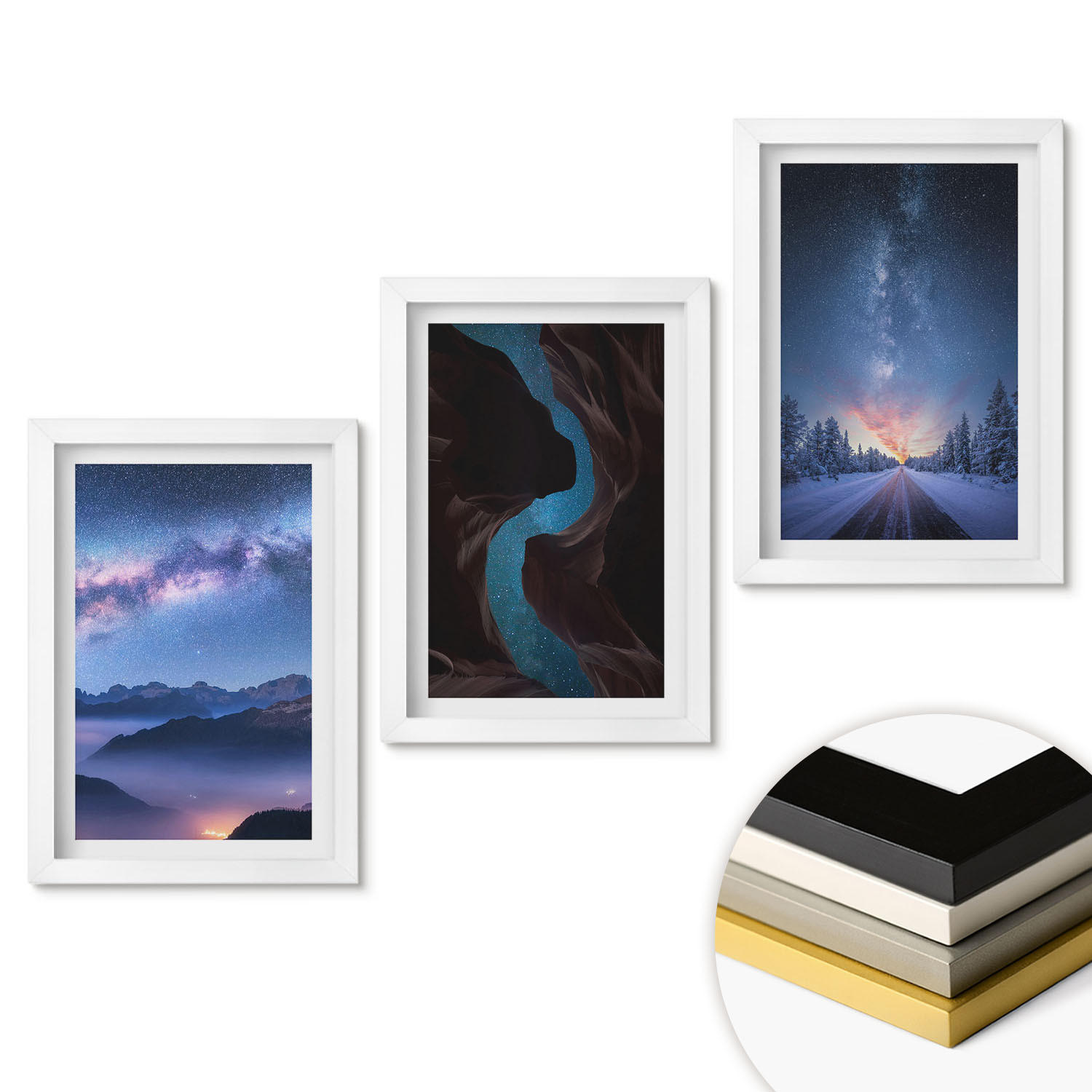 WANDBILDER 3er-Set - 20x30 cm Weißer Rahmen - Nachthimmel, Berge, Winterlandschaft - Weiß, Kunststoff (20/30cm) - ArtPrintCave