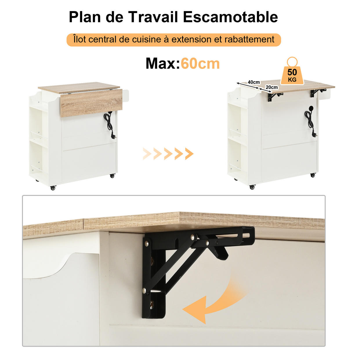 KÜCHENWAGEN 66/40-60/90 cm in Weiß mit klappbarer Arbeitsplatte und Rollen - Weiß, Holzwerkstoff (66/90/38cm) - Flora Grace