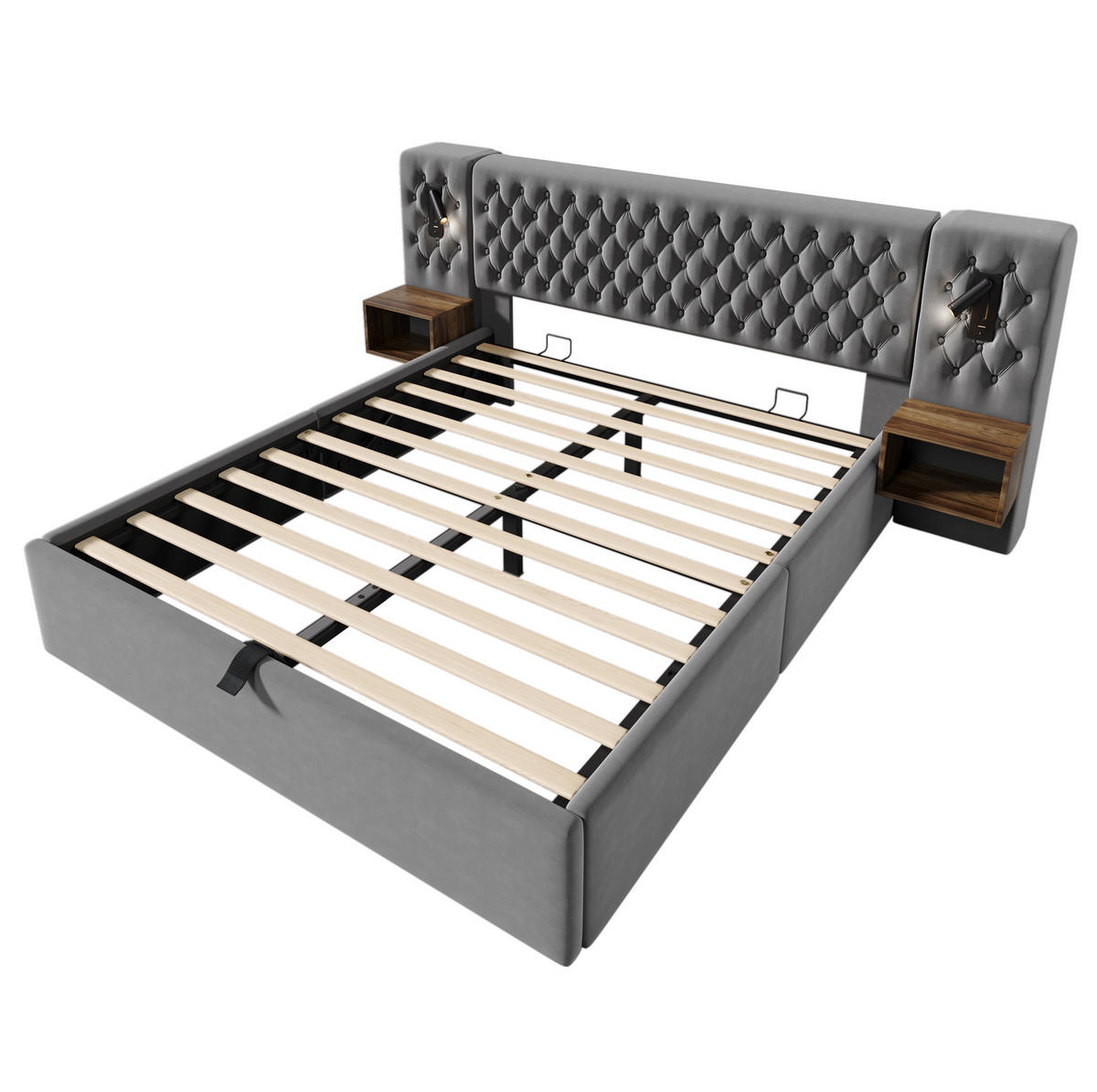 POLSTERBETT aus Samt 160x200 cm Grau mit hydraulischem Bettkasten, Nachttischen und USB-Anschluss - Grau, Textil (160/200cm) - IVMEU