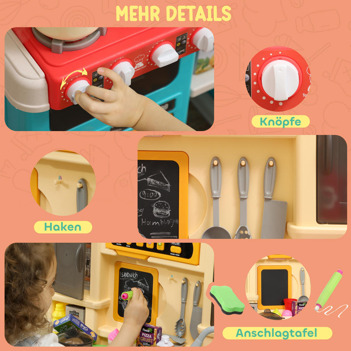 SPIELKÜCHE mit fließendem Wasser, 85-teiliges Zubehör, elektrischer Wasserhahn - Grün, Kunststoff (24/66cm) - AIYAPLAY