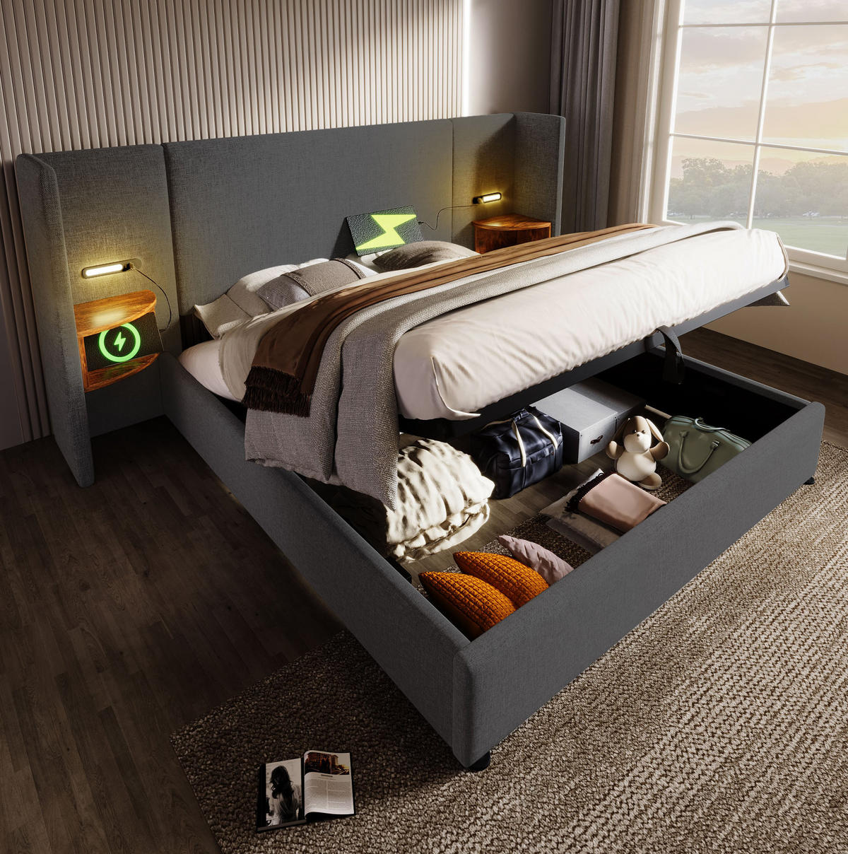 BETT mit Stauraum und USB 180x200 cm Leinen Grau - Grau, Metall (180/200cm) - Meubliv