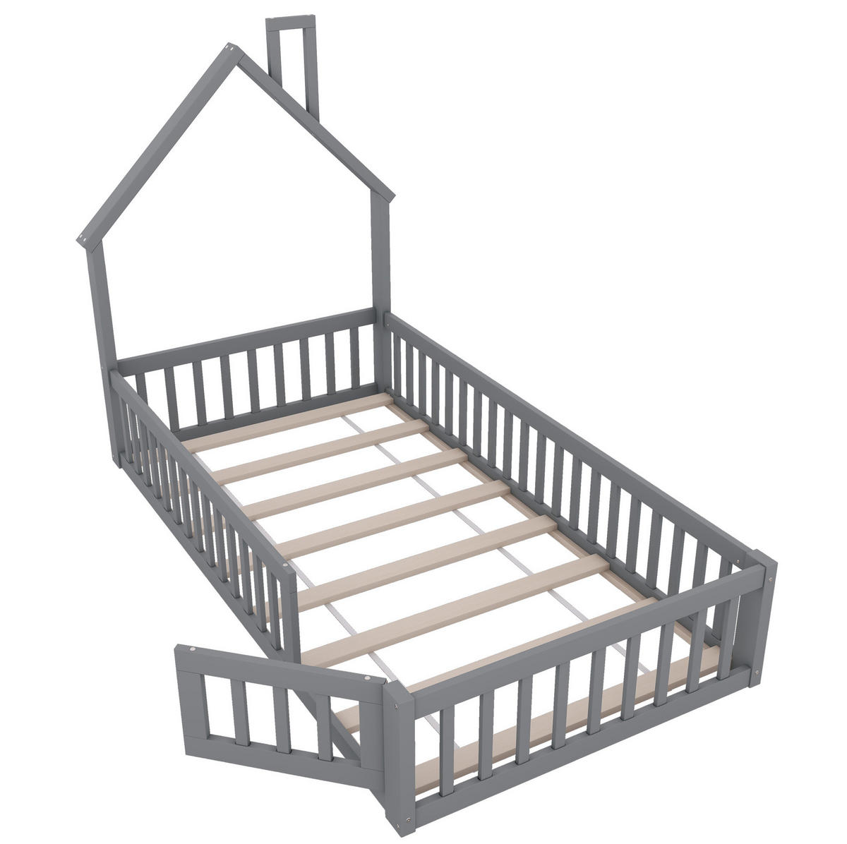 POSTELJA v obliki hiše 90/200 cm siva iz bora in MDF z letvenim dnom in varnostno ograjo - siva, leseni material (90/200cm) - OKWISH