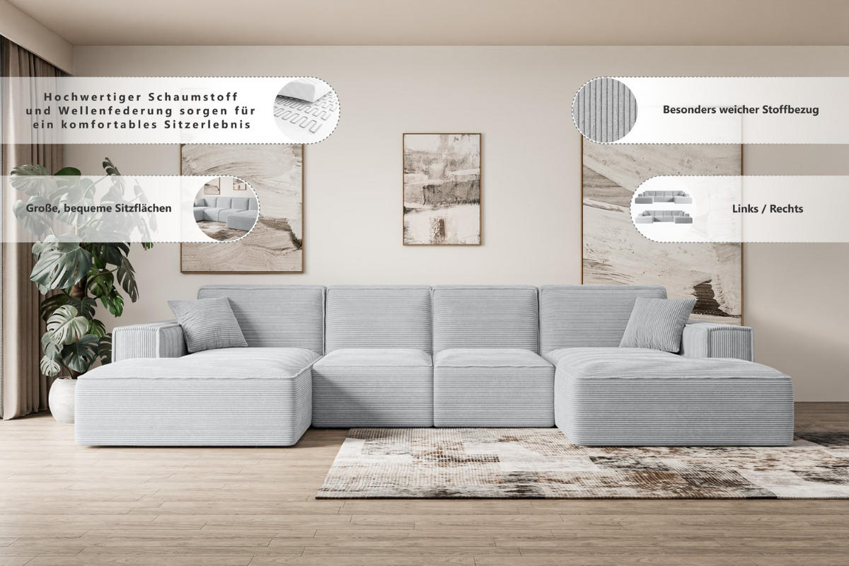 WOHNLANDSCHAFT SIERRA-U - 344x165x73 cm Dunkelgrau Cord - Dunkelgrau/Schwarz, Holzwerkstoff/Kunststoff (344/73/165cm) - ALTDECOR