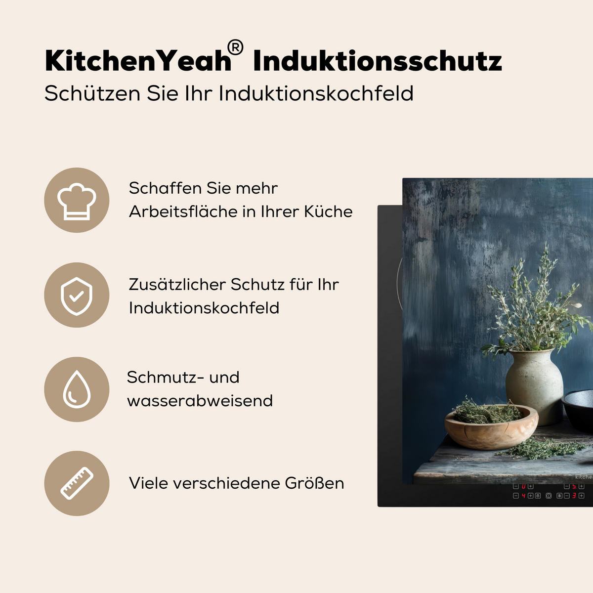 HERDABDECKPLATTE Stilleben - Kräuter - Rustikal Herdabdeckung Induktionsfeld 65x52 cm - Blaugrau, Kunststoff (65/52/0.2cm) - MuchoWow