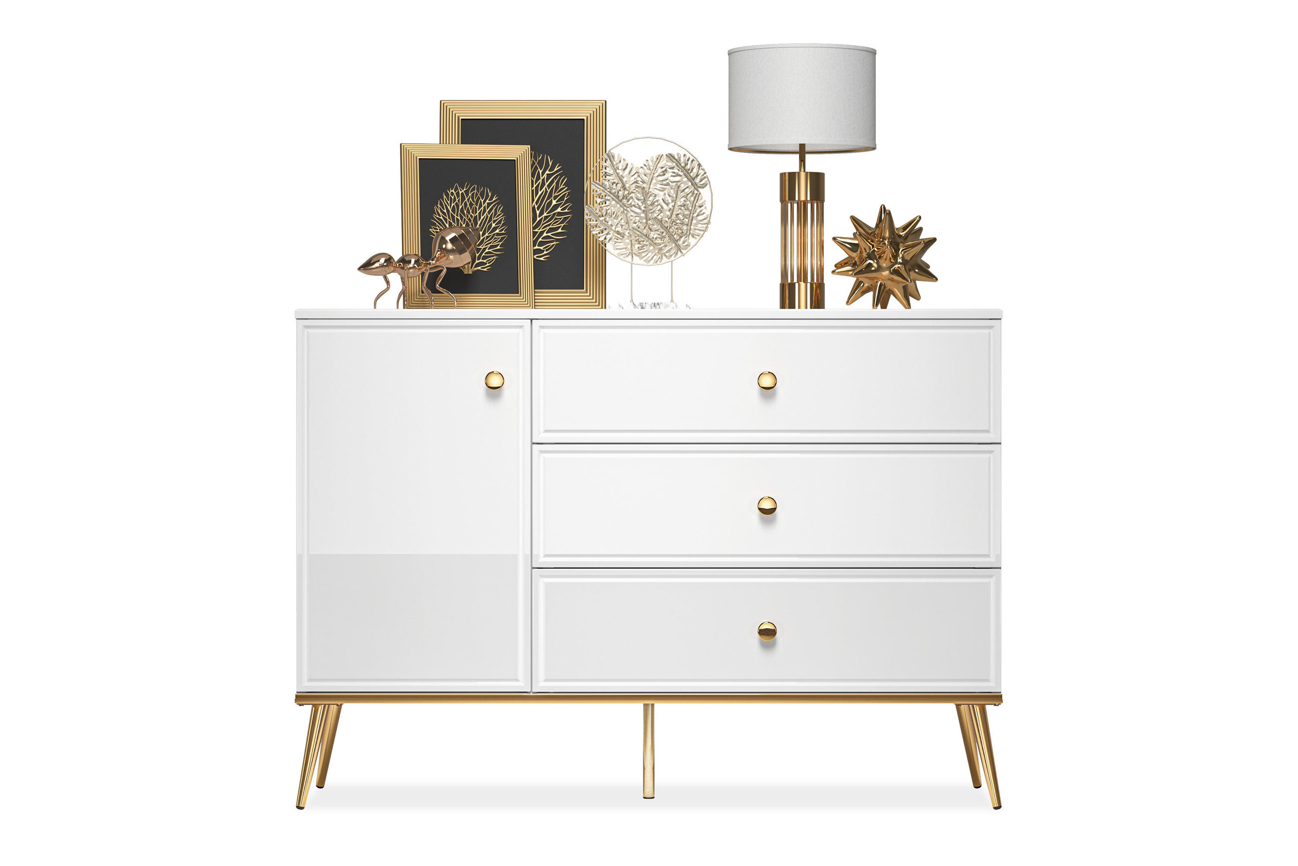 KOMMODE ISORIA auf hohen goldenen Beinen, Glas Weiß - Goldfarben/Weiß, Holz/Metall (120/85/40cm) - KONSIMO®