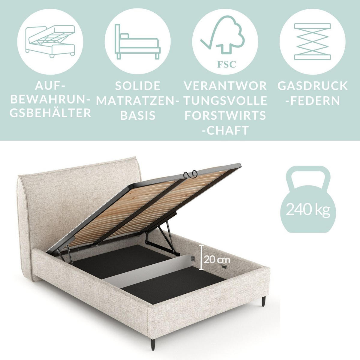 POLSTERBETT Shell Grau 160/200 cm im Webstoff - Schwarz/Naturfarben, Holz/Holzwerkstoff (160/200cm) - Maison de Reve