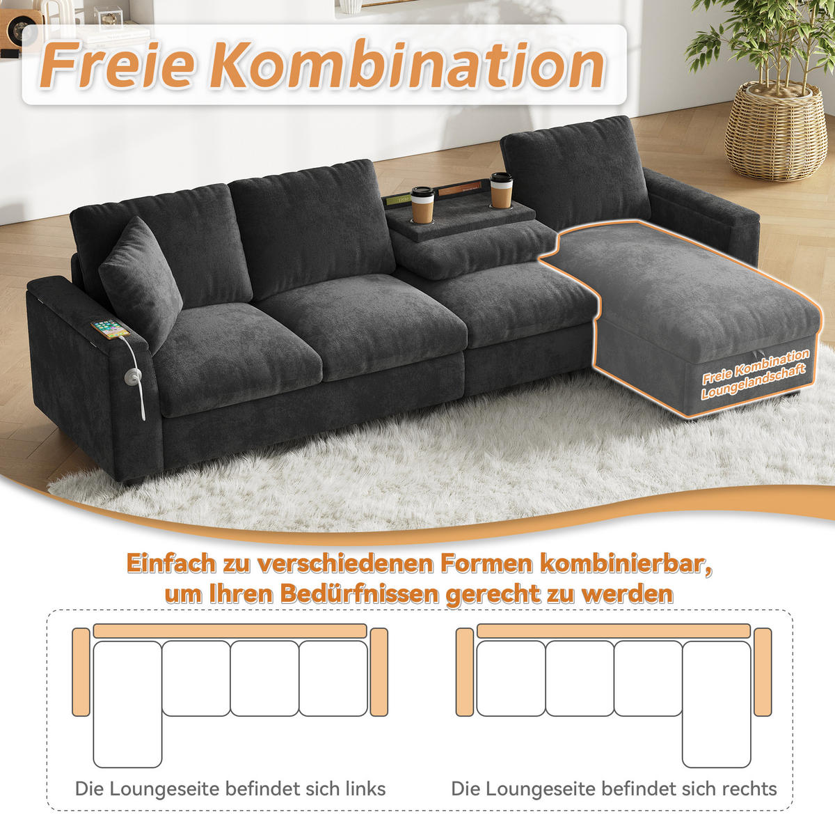 ECKSOFA 280/137/84 cm grau aus Chenille mit Schlaffunktion - Grau, Textil (137/280cm) - OKWISH