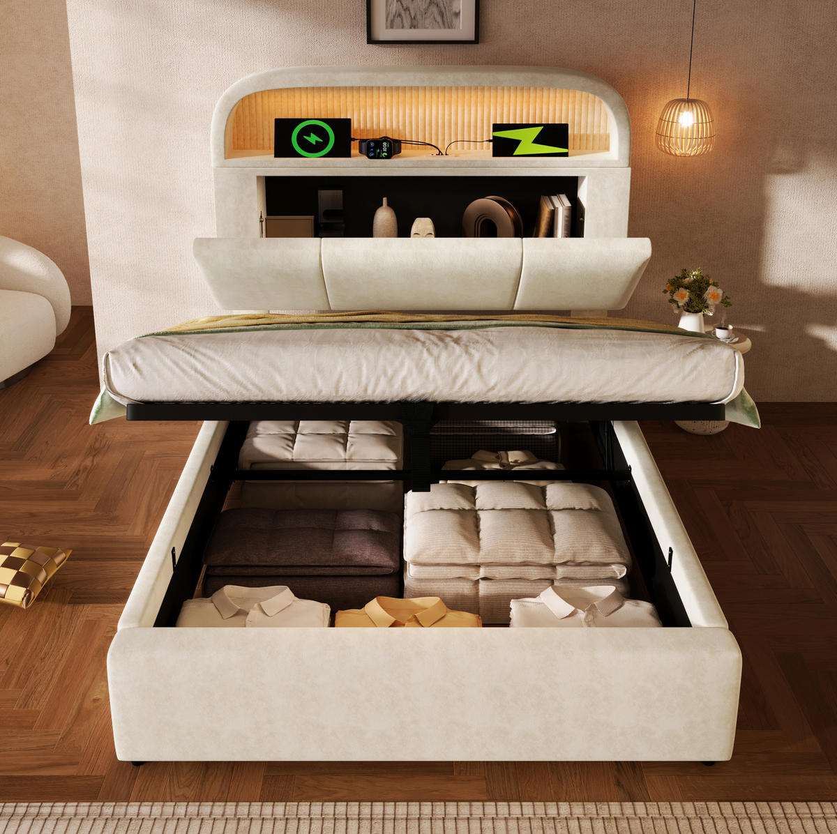 POLSTERBETT 90/200 cm Beige aus Samt mit Stauraum, LED-Beleuchtung und USB - Beige, Textil (90/200cm) - Flora Grace