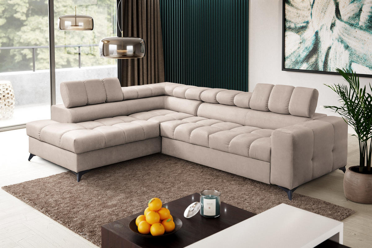 ECKSOFA Andrea L-Form mit verstellbaren Kopfstützen Schlaffunktion Bettkasten 267 cm links beige - Beige, Kunststoff (106/267cm) - Margaret Hadas24