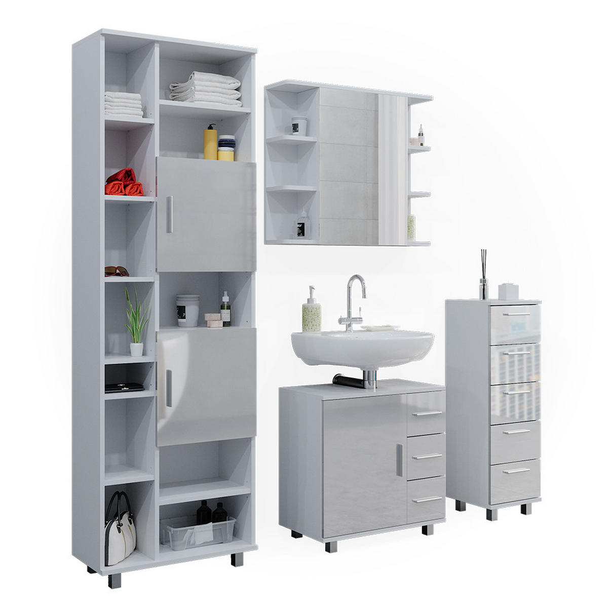 BADMÖBEL-SET Ilias Weiß Hochglanz 4 Teile - Weiß Hochglanz/Weiß, Holzwerkstoff (60/60/33cm) - Vicco