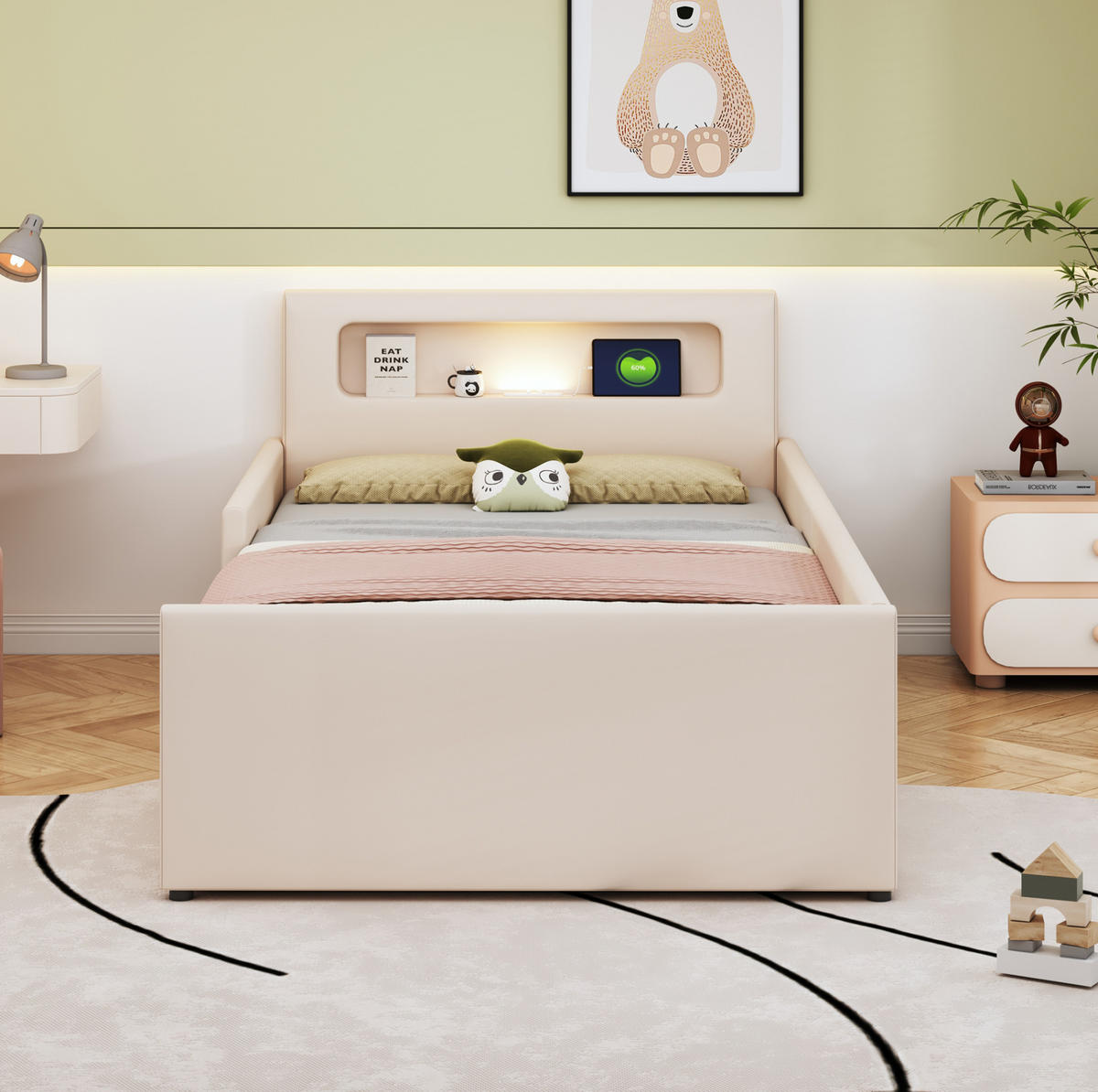 KINDERBETT 90/200 cm Beige aus Kunstleder mit Nachtlicht, USB-Anschluss und Schubladen - Beige, Textil (90/200cm) - OKMYHOME