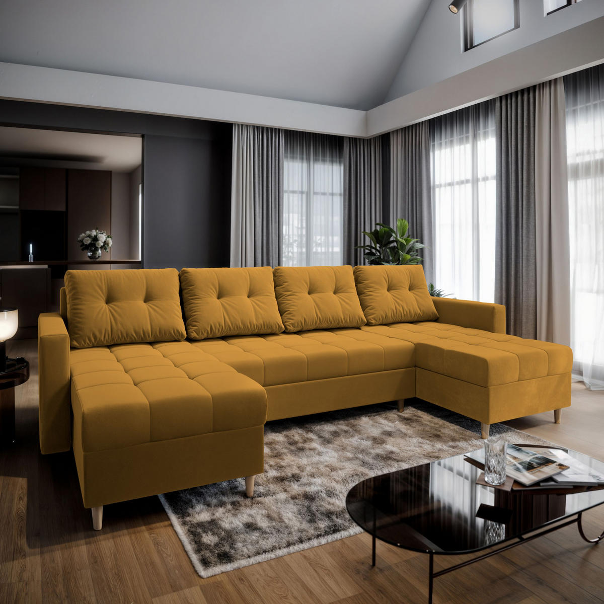 WOHNLANDSCHAFT MILO U Gelb Plüsch-Stoff mit Schlaffunktion - Gelb, Holz (285/91/140cm) - MASSENO