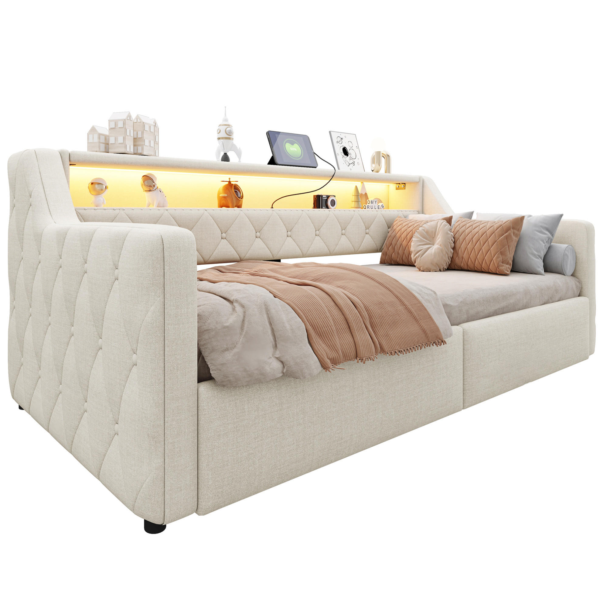 BETT 90/200 cm in Beige mit LED-Beleuchtung und hydraulischem Stauraum - Beige, Holzwerkstoff (90/200cm) - Flora Grace