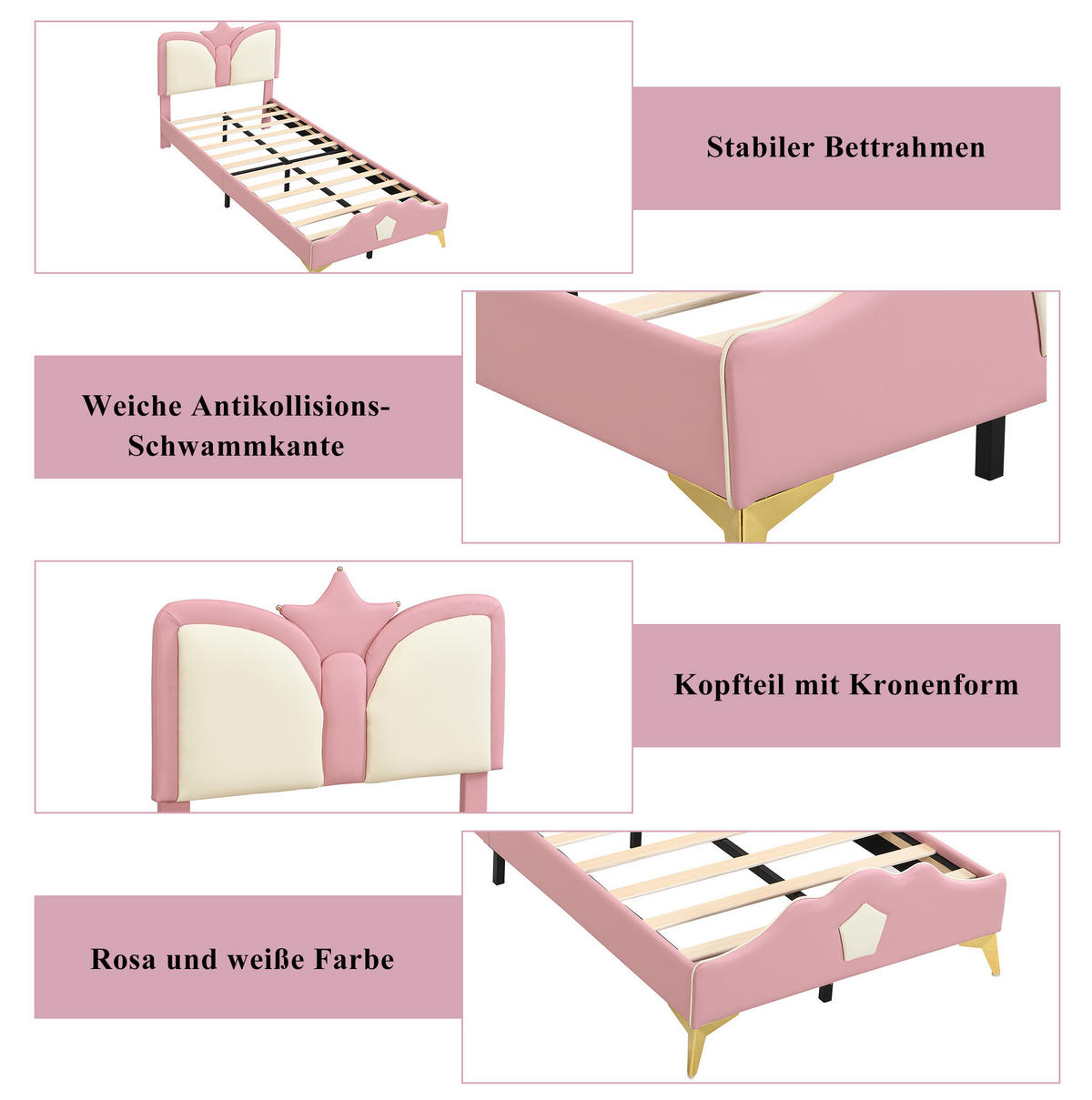 POLSTERBETT 90/200 cm Rosa+Weiß aus PU mit Kronen-Kopfteil - Rosa, Kunststoff (90/200cm) - OKMYHOME