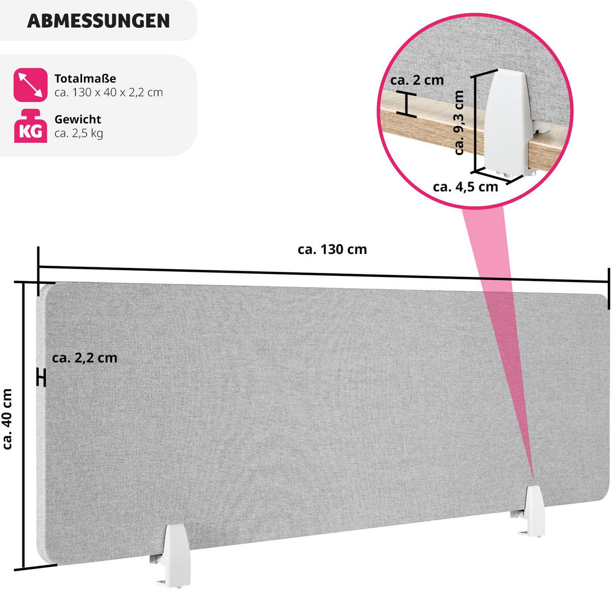 TRENNWAND für Schreibtisch Noisy,inkl. 2 Befestigungsklemmen,grau - Grau, Kunststoff (2.2/130/40cm) - tectake