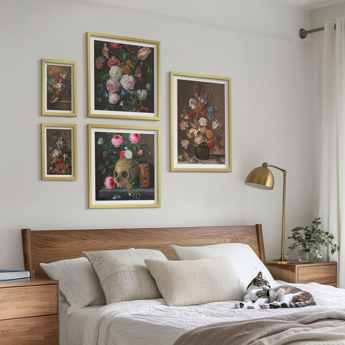 WANDBILDER 5er Set - 50x50 cm & 20x30 cm & 40x60 cm Goldrahmen - Pfingstrosenporträt einer Frau für Zuhause - Goldfarben, Kunststoff (40/60cm) - ArtPrintCave