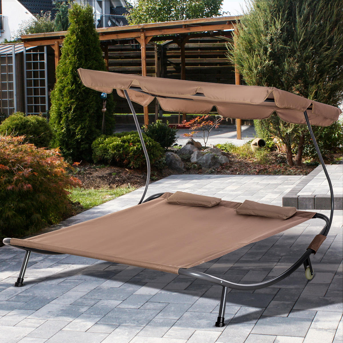 SONNENLIEGE Doppelte 2-Sitzer-Sonnenliege mit verstellbarem Sonnenschirm 200 x 175 x 134 cm ,Braun - Braun, Metall (175/134/200cm) - Vallsero