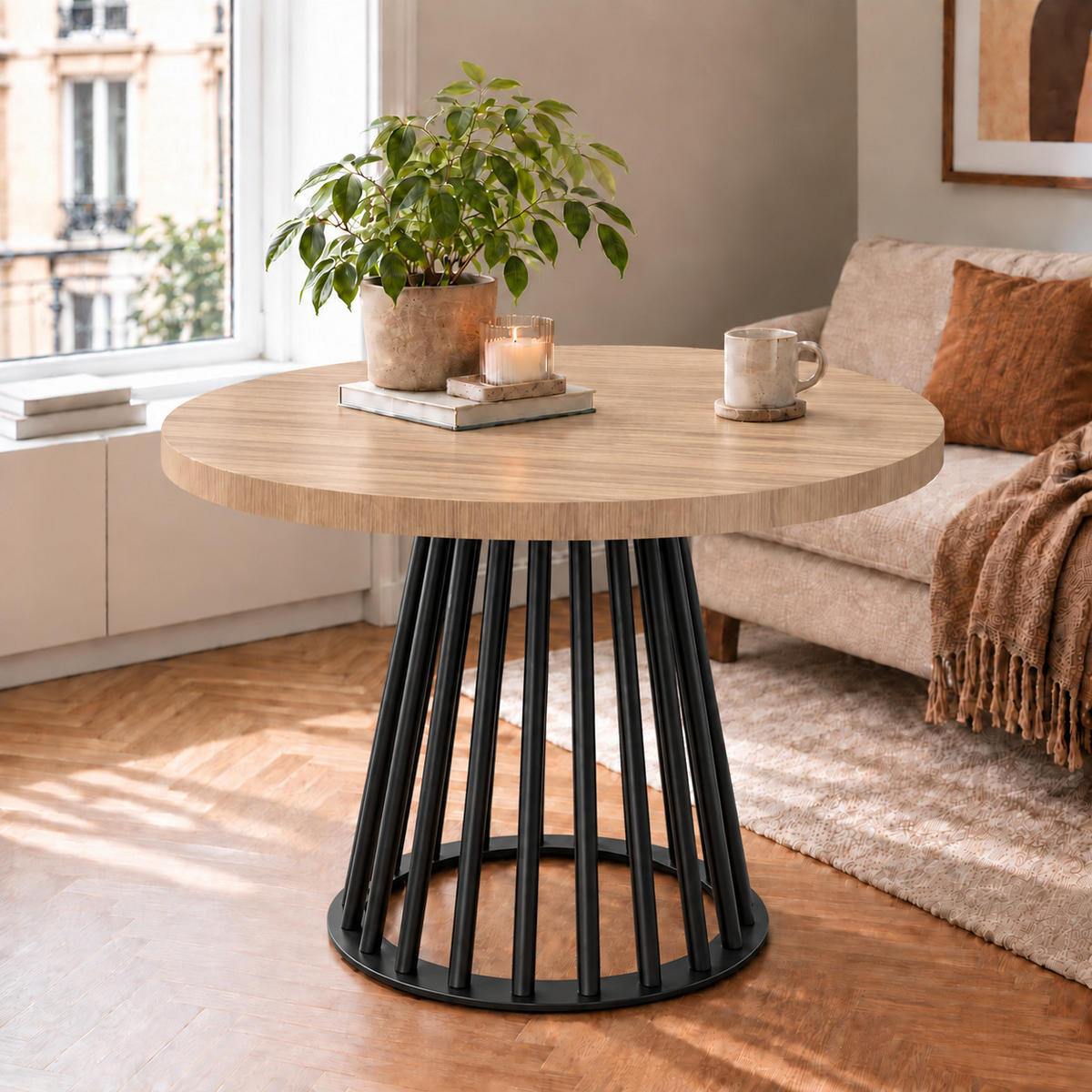 ESSTISCH rund ausziehbar 100/300/76 cm, Hellbraun Eiche Hikora Egger Natur, 54 cm Tischplatte + Lamellen-Metallgestell Schwarz - Hellbraun/Eichefarben, Holzwerkstoff/Metall (100/300/76cm) - Damale Möbel