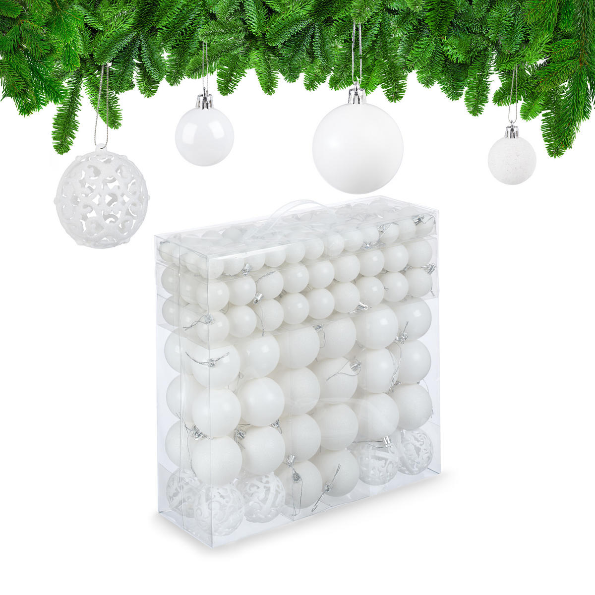 WEIHNACHTSKUGELN-SET 150-tlg. - Weiß, Kunststoff (6/7/6cm) - Relaxdays