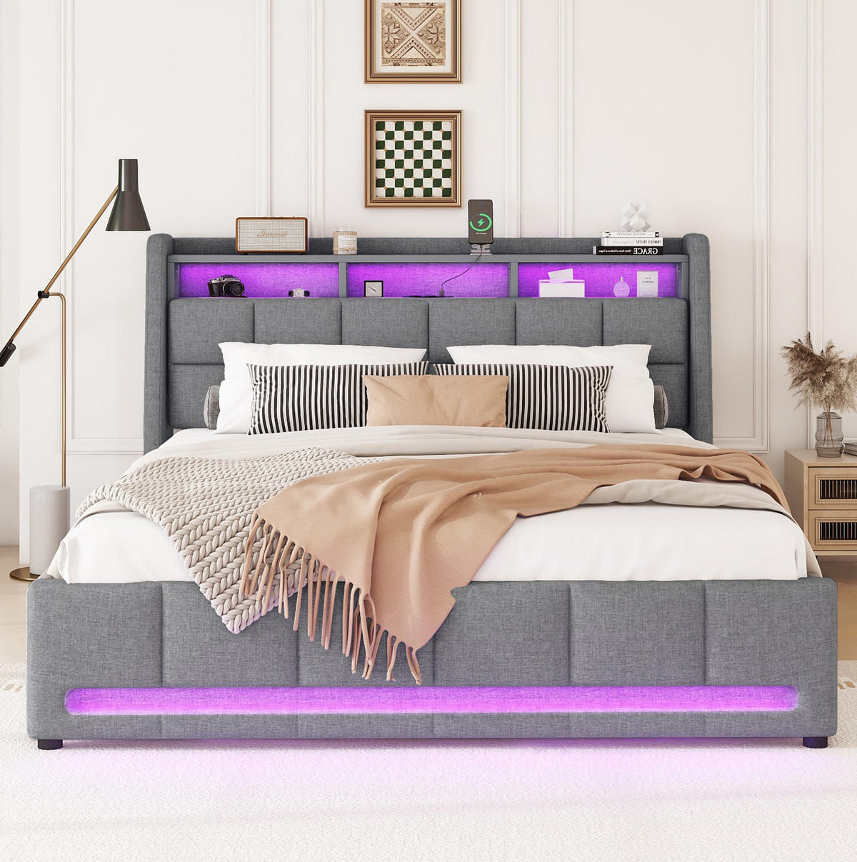 POLSTERBETT 140/200 cm grau mit LED und USB-Anschlüssen - Grau, Textil (140/200cm) - OKWISH
