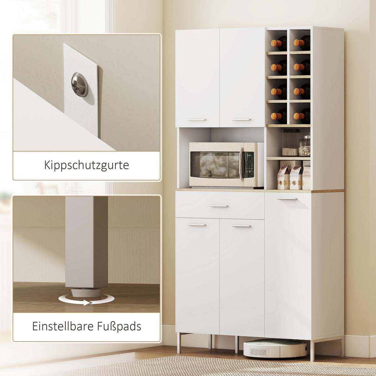 KÜCHENSCHRANK mit offenen Regalen, Fächern, Weinregal, 5 Schranktüren, MDF, Weiß - Silberfarben/Weiß, Holzwerkstoff/Metall (35/183/90cm) - HOMCOM