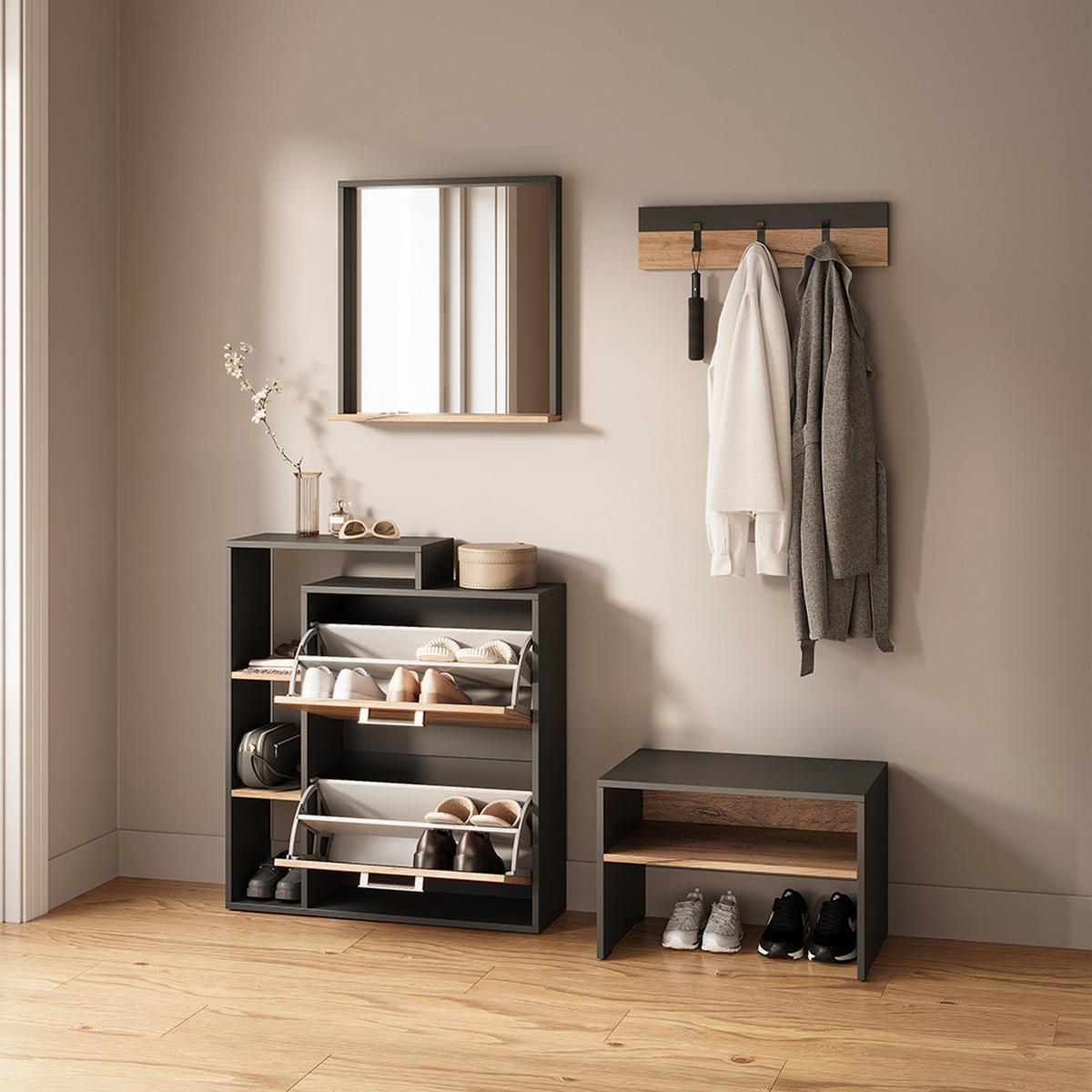 WANDSPIEGEL Ortello Anthrazit/Goldkraft Eiche 57 x 60 cm mit Spiegel - Honigeiche/Anthrazit, Holzwerkstoff (57/60/12cm) - Livinity®