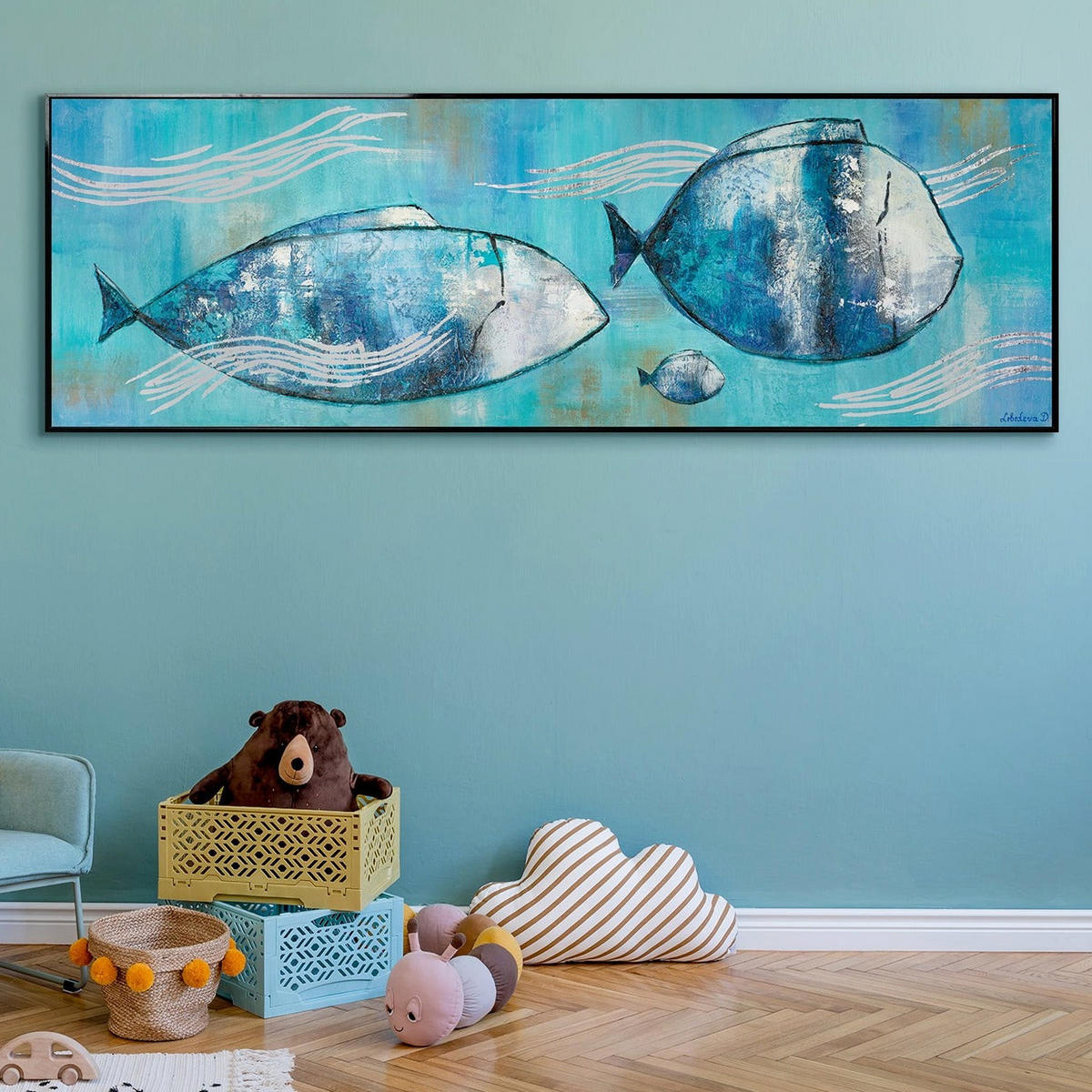 GEMÄLDE Reisende Fische Schattenfugenrahmen schwarz 120x40 cm - Schwarz, Holz (120/40cm) - YS-art gallery