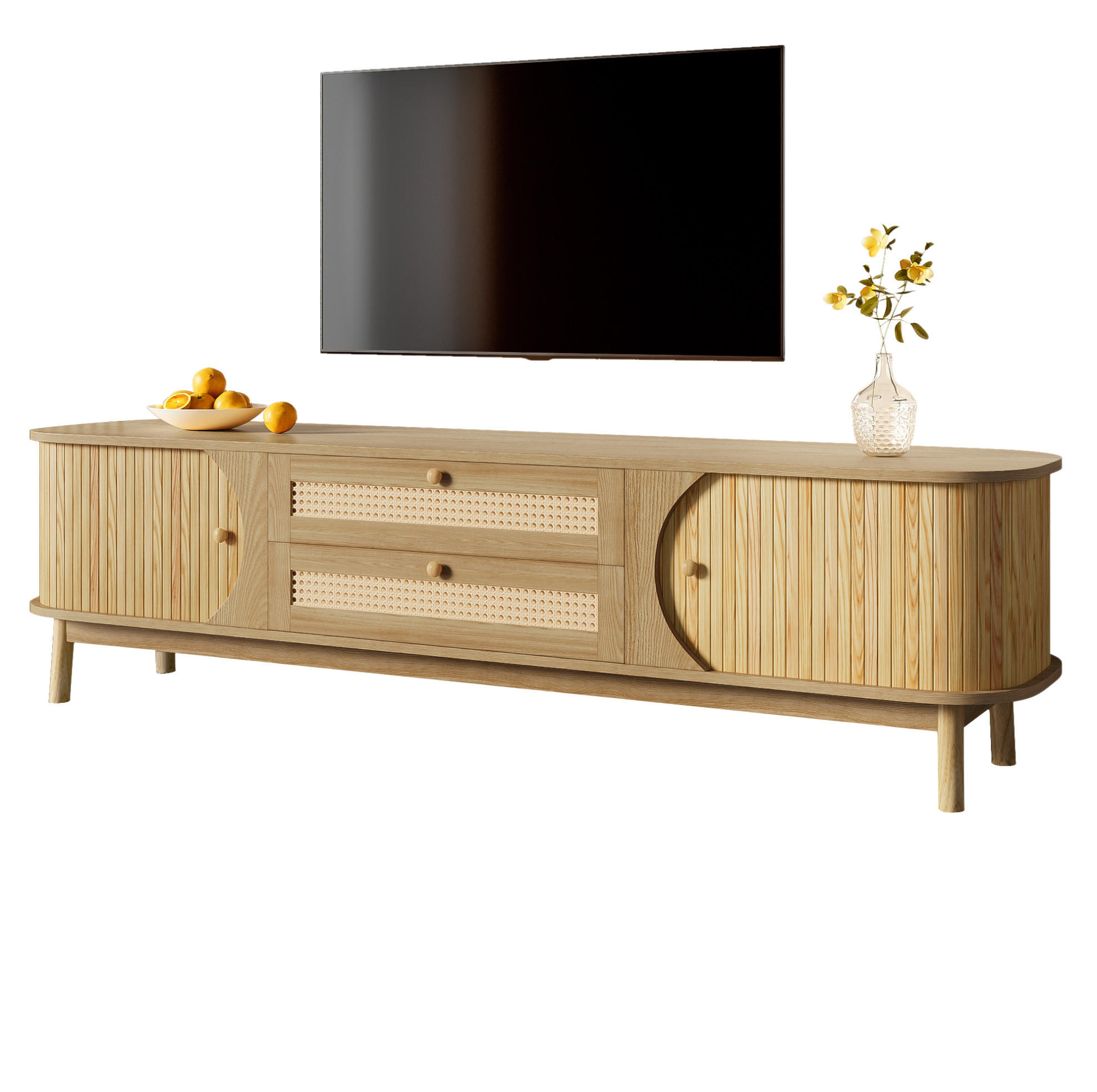TV-LOWBOARD aus Massivholz und Spanplatte 170x39,5x46 cm Natur mit Rattan, Türen und Schubladen - Eichefarben, Holzwerkstoff (170/46/39.5cm) - IVMEU