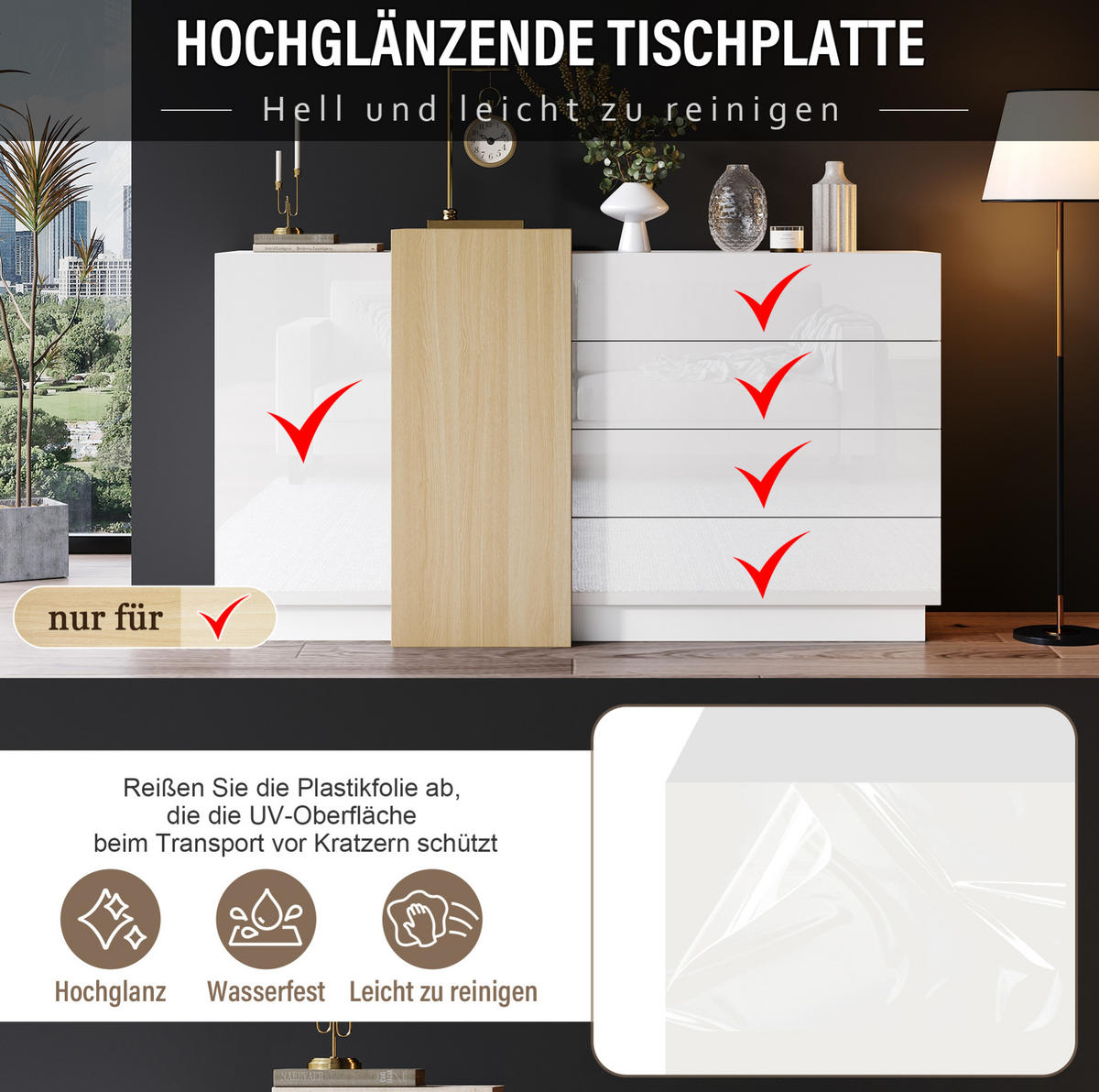 SIDEBOARD aus MDF 140x35x76,5 cm Weiß mit Hochglanzfront, Push-to-Open und 4 Schubladen - Weiß, Holzwerkstoff (140/76.5/35cm) - Modfu