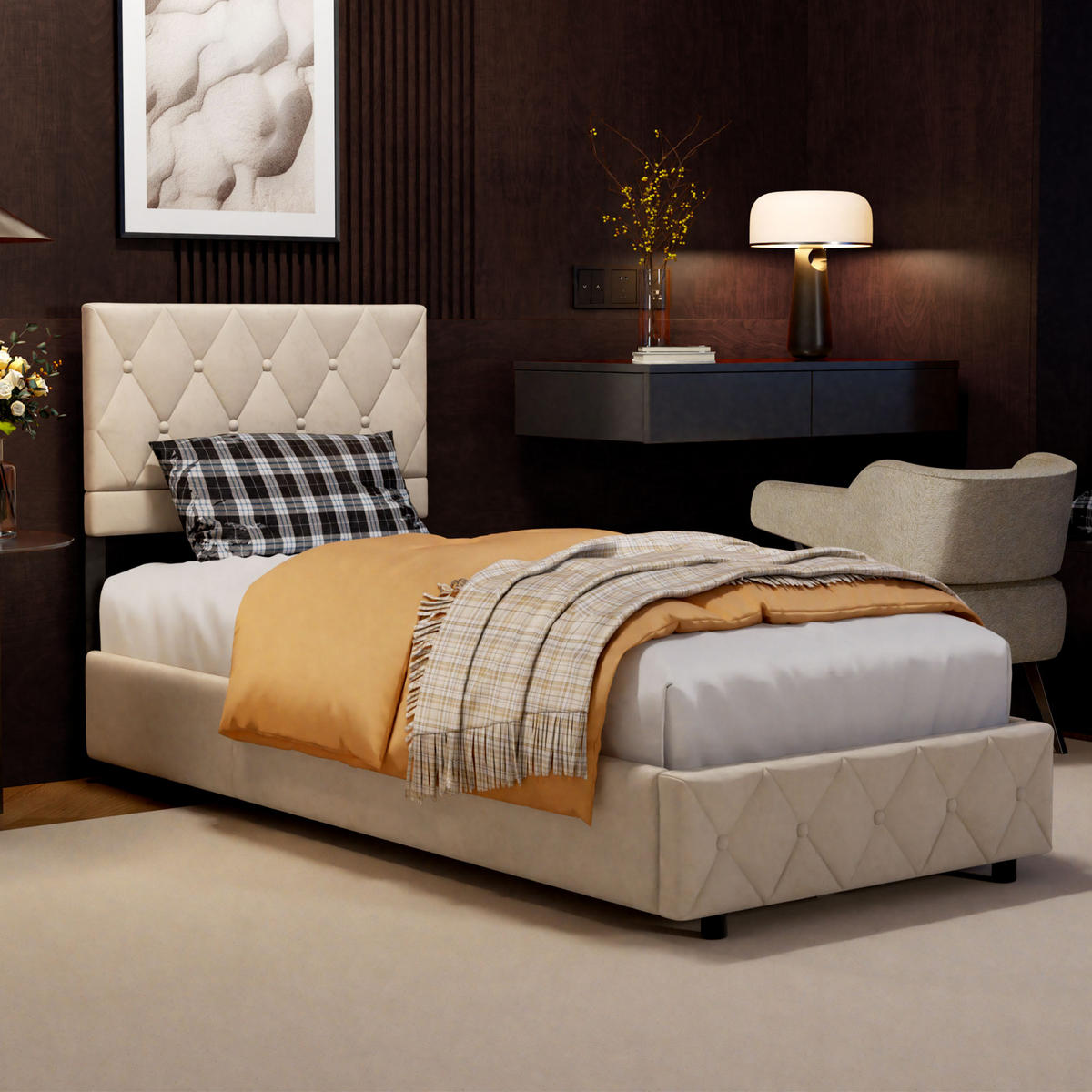 POLSTERBETT 90/200 cm in Beige Samt, mit Matratze und Bettkasten - Beige, Holzwerkstoff/Textil (90/200cm) - WISHDOR