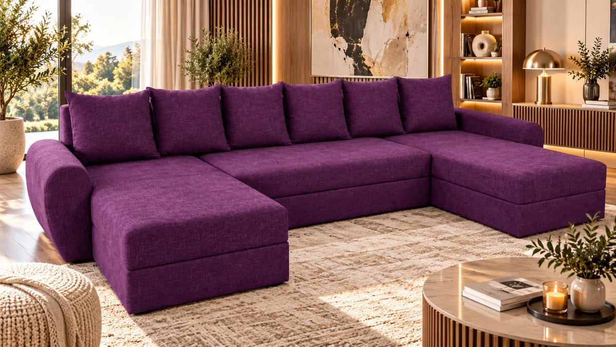 WOHNLANDSCHAFT PUMA U-Form 308 cm mit Schlaffunktion, Bettkasten, Kunstleder-Stoff oder Samt, verschiedene Farben - Violett/Schwarz, Kunststoff (308/85/140cm) - Wohnideebilder