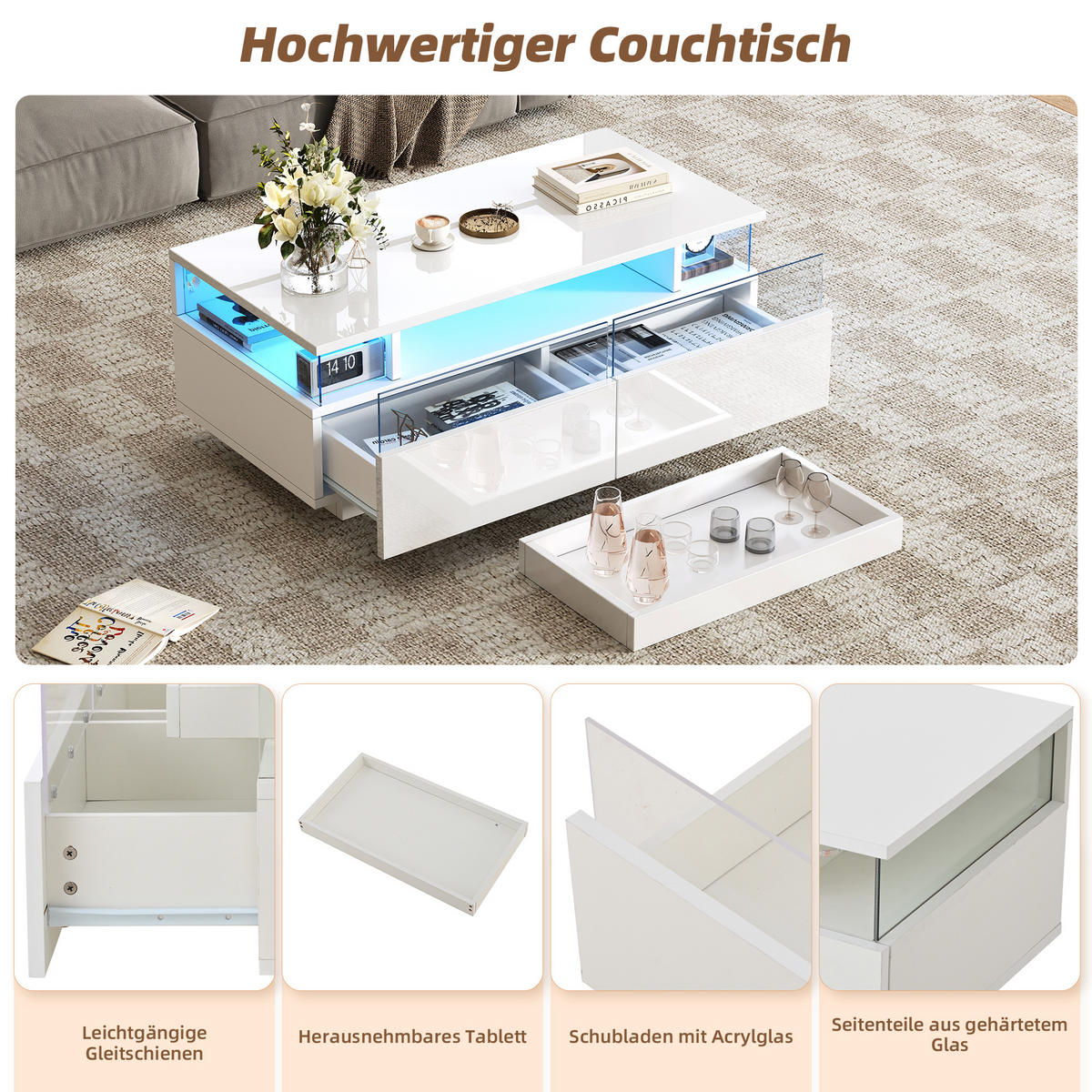 COUCHTISCH 90x45cm Weiß Hochglanz LED 2 Schubladen Tablett Sicherheitsglas - Weiß, Holz (106.05/49/13.97cm) - FLIEKS